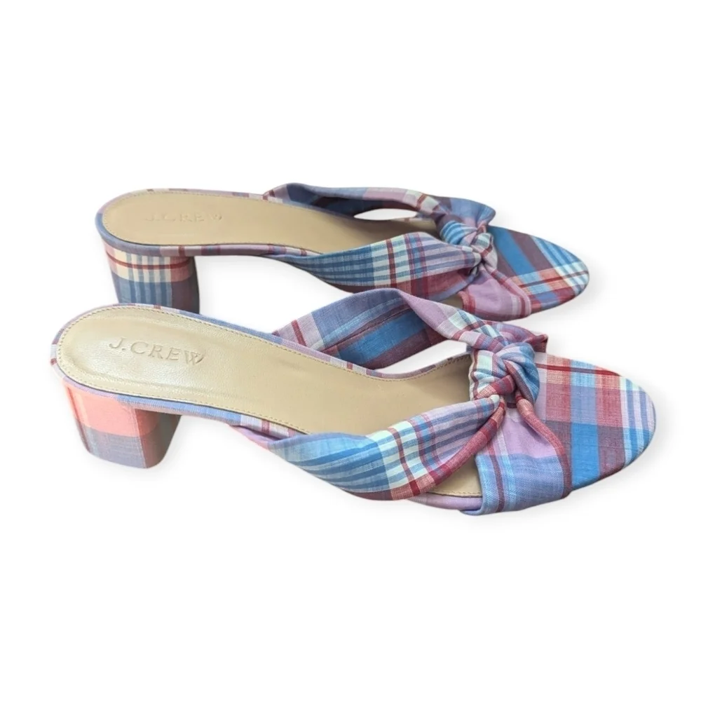 J.Crew Blue Pink Plaid Knotted Slide Sandals Beach Wedding Size 10.5